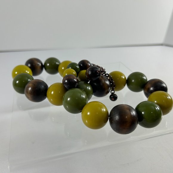 Chunky Beaded Necklace Green Brown Fall Colors 23" Brown Green - Picture 2 of 8